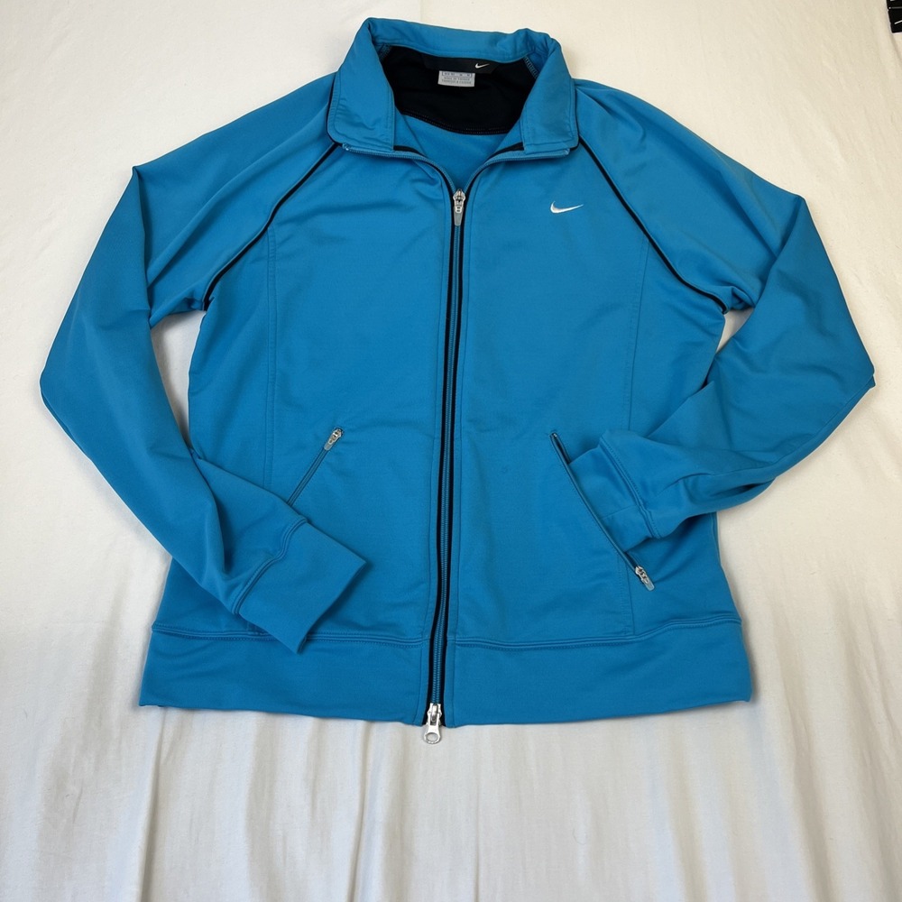 Nike Womens Track Jacket Cyan Blue Full Zip Raglan Sleeve Mock Neck Medium